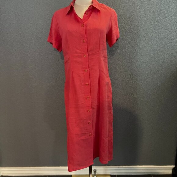 MAJE CUTOUT TWISTED BACK 100% LINEN MIDI BUTTON UP SHIRT DRESS in HIBISCUS  - 38 - Picture 1 of 15
